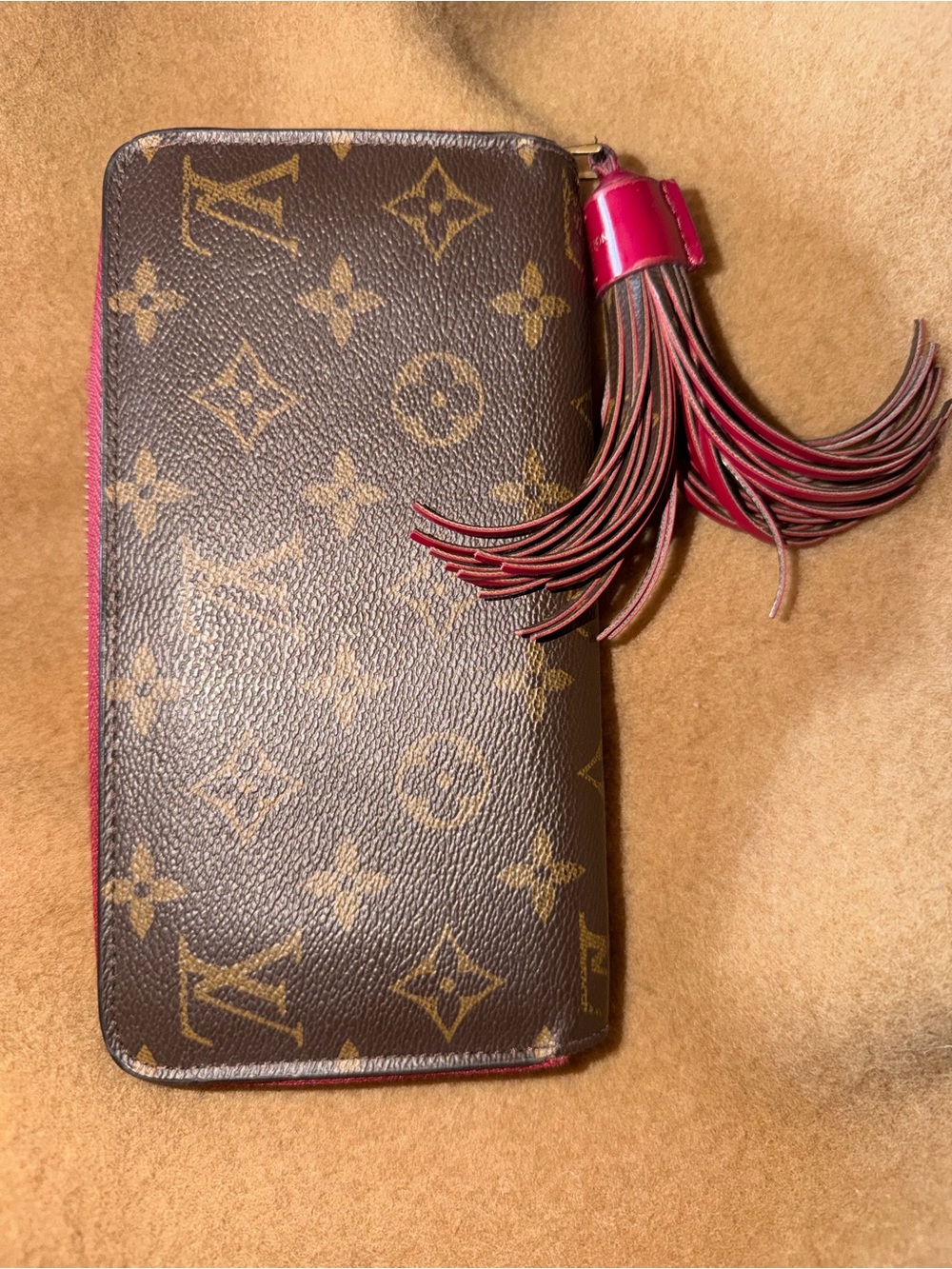Louis Vuitton Monogram Brown Zippy Wallet with Red Interior & Tassel Zipper Pull
